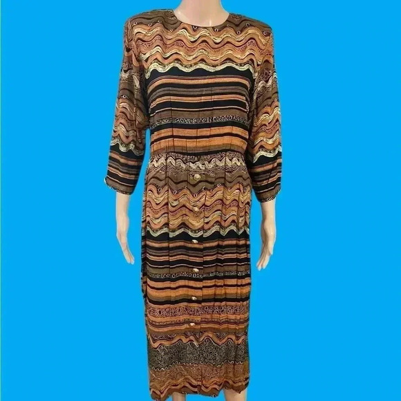 True vintage :Positive Attitude chevron Brown and Tan Knee-Length Sheath Dress-L - Picture 1 of 12